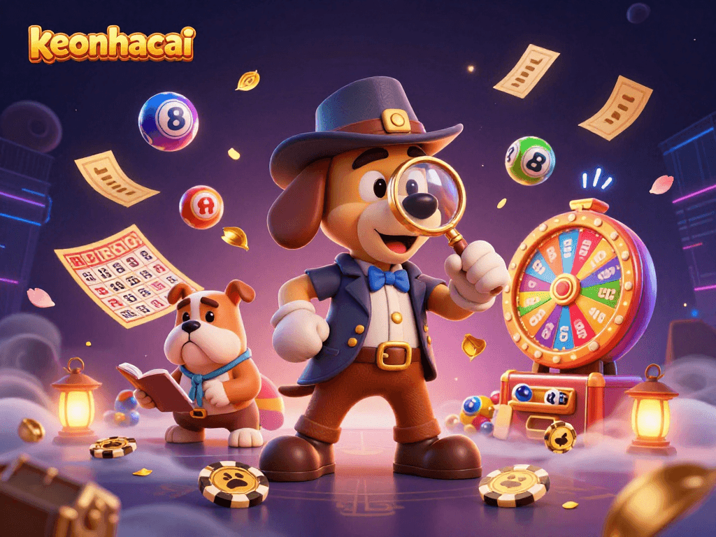 Engage with keonhacai's exciting world featuring a detective bloodhound unraveling clues amidst vibrant gambling elements.