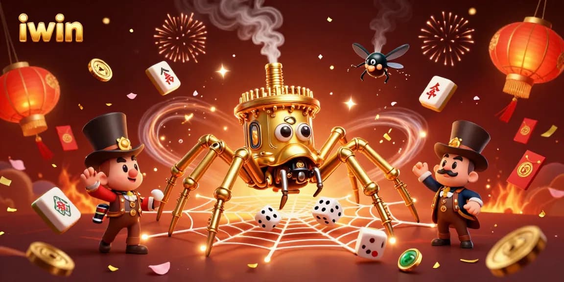 iwin 3D illustration showcasing a dynamic steampunk spider scene with gaming elements.