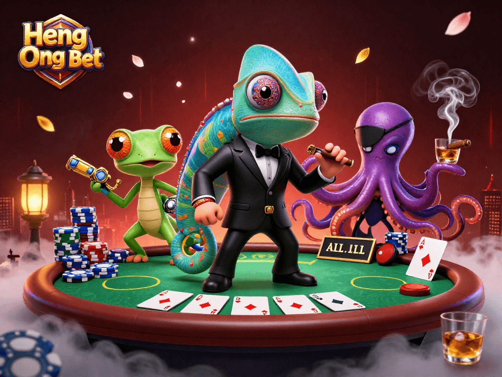 Join the gaming action with Heng Ong Bet featuring colorful poker elements and dynamic casino characters.