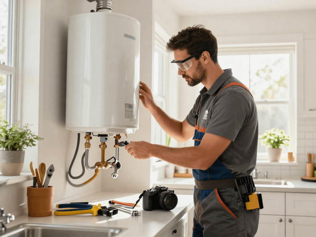 Plumbing repair Fort Worth expert inspecting a water heater in a bright kitchen, showcasing professional tools and expertise.