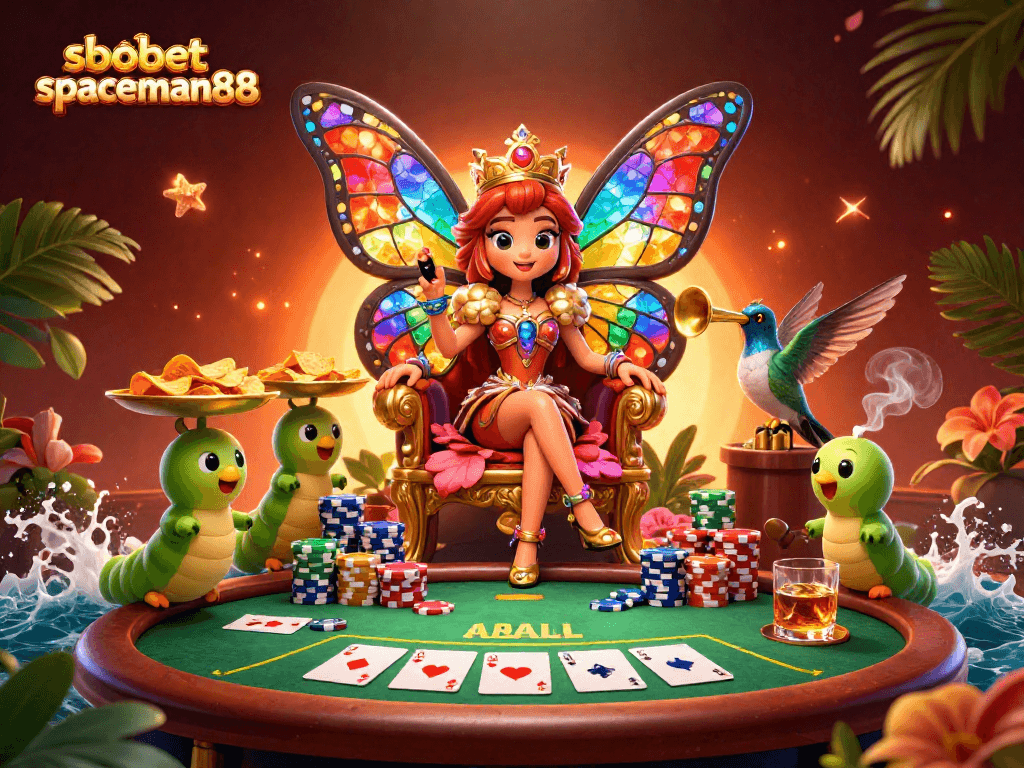 Experience sbobet spaceman88 magic with a vibrant poker scene featuring a butterfly queen with dazzling wings.