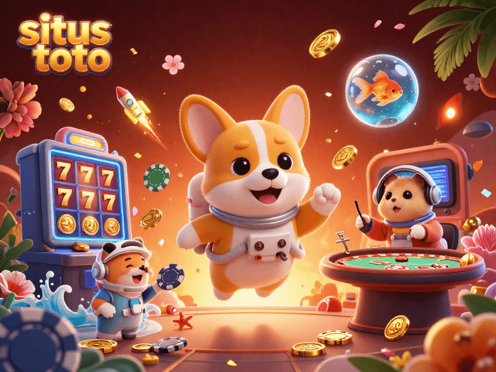 Situs toto menawarkan suasana bermain yang unik dengan corgi astronaut dan elemen kasino mengambang di luar angkasa.