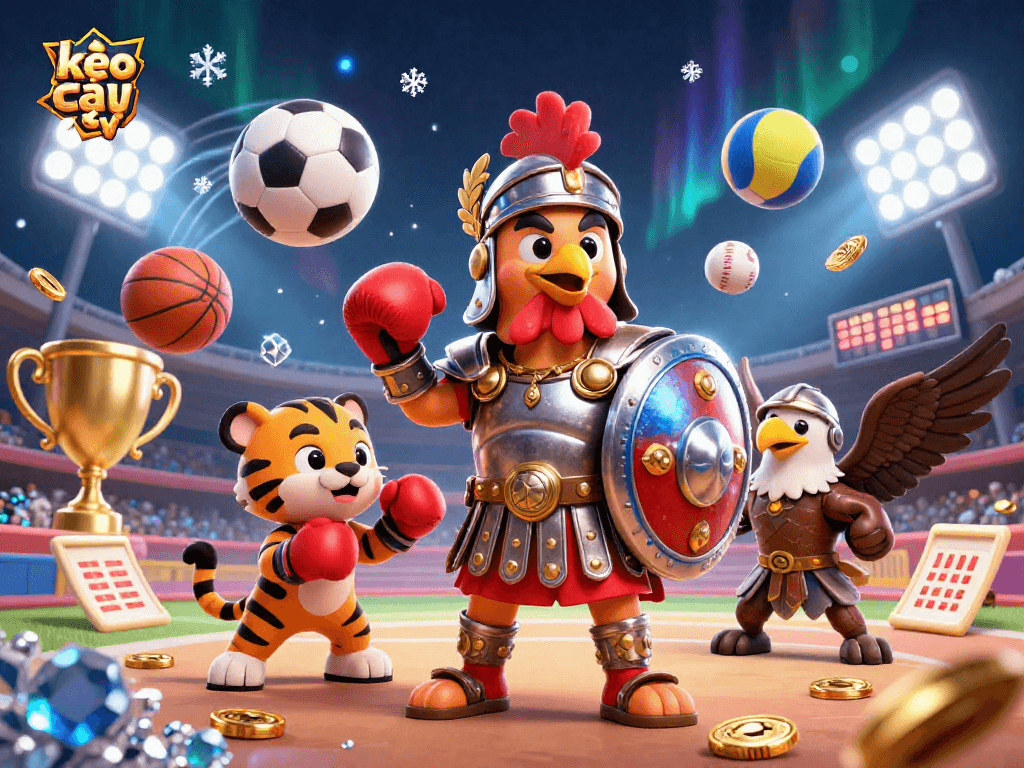 Engage with kèo nhà cái in this dynamic 3D scene of a gladiator rooster and tiger cub amidst spirited sports betting elements.