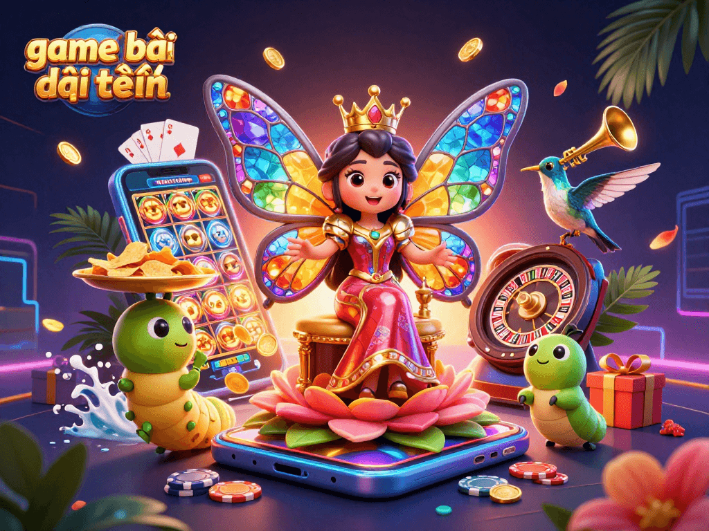 Engaging scene showcasing game bài đổi thưởng with a vibrant 3D butterfly queen and dynamic casino elements.