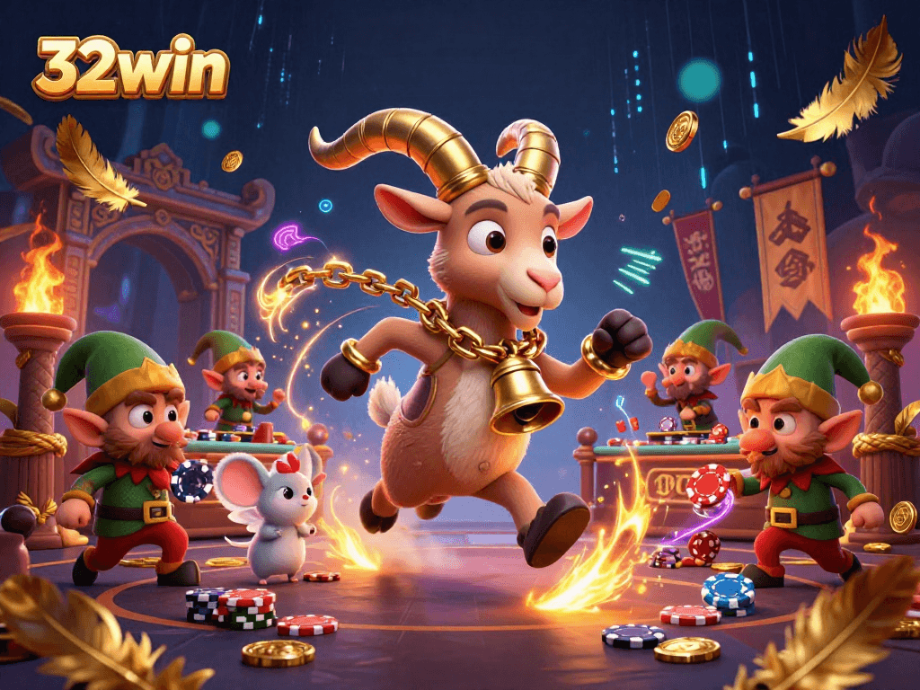 Experience winning bets at 32win with a vibrant casino filled with festive characters and animated gaming elements.