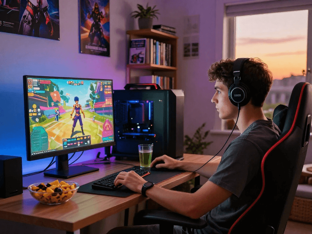 Enjoying a vibrant porn game on a gaming PC in a cozy living room.