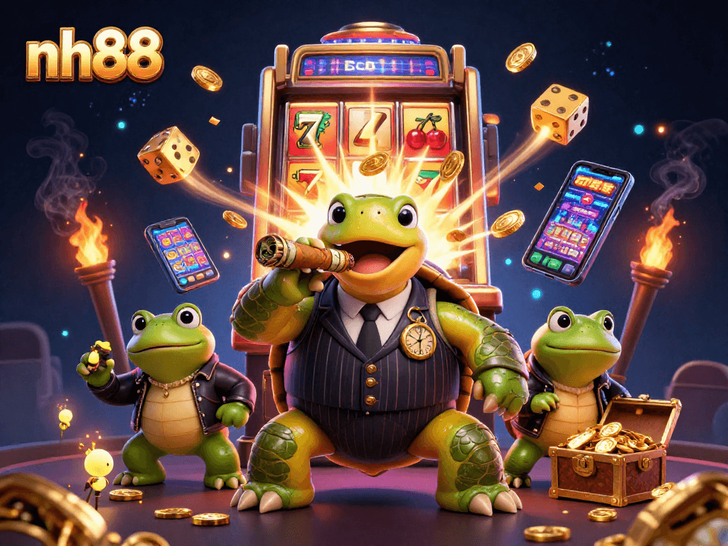 Engage with nh88's exciting casino scene showcasing a massive slot machine and lively turtle characters.