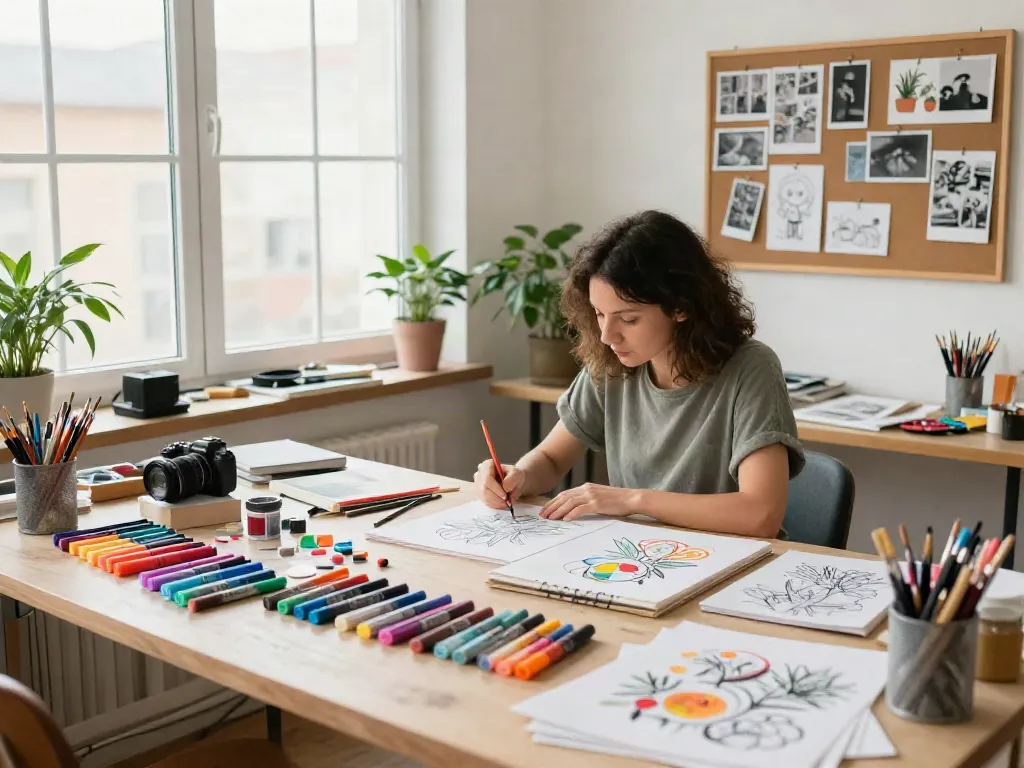 Colorful markers wholesale displayed on a vibrant artist's workspace with creative supplies