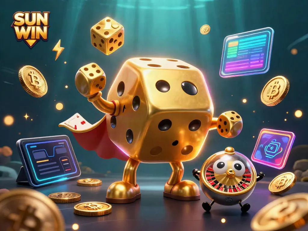 Experience the excitement of SUN WIN with vibrant characters, golden dice, and neon crypto coins.