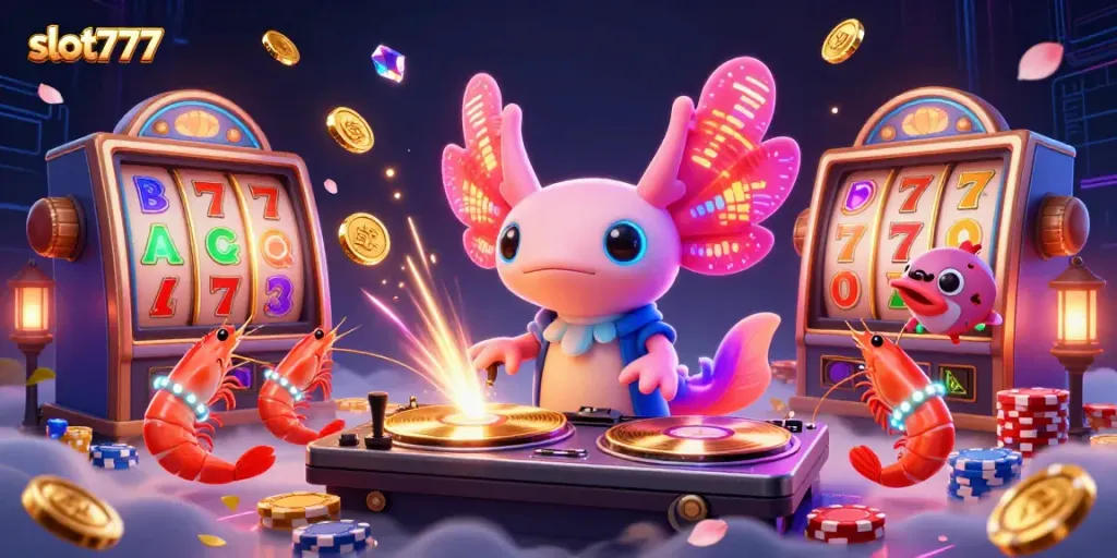 Experience the excitement of slot777 with a vibrant underwater party featuring a DJ and joyful sea creatures.
