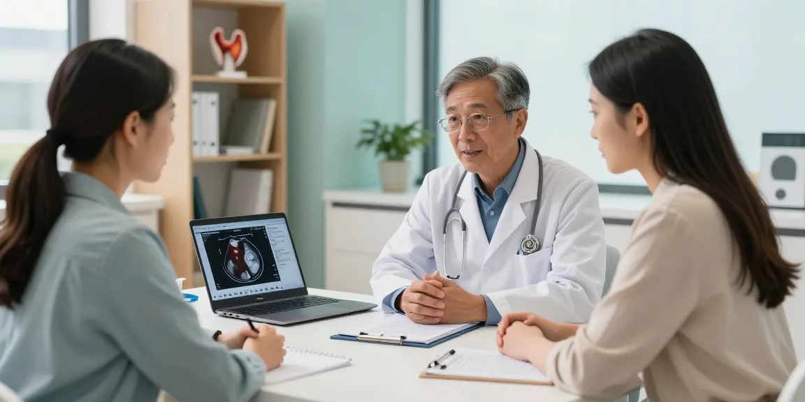Thyroid treatment consultation at Cleveland Clinic Abu Dhabi, doctor discussing with patient.