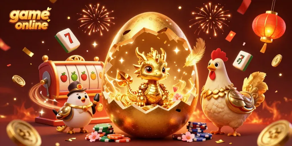 Experience thrilling game online excitement with a golden baby dragon amidst festive casino elements.