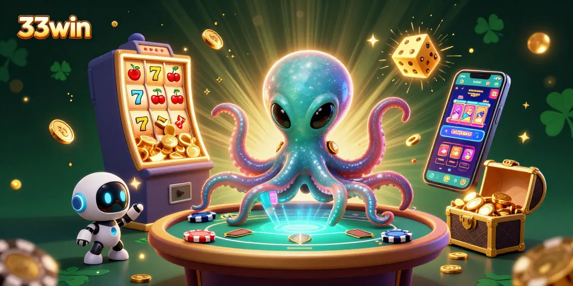 Experience 33win's thrilling gameplay with an alien octopus at a vibrant casino.