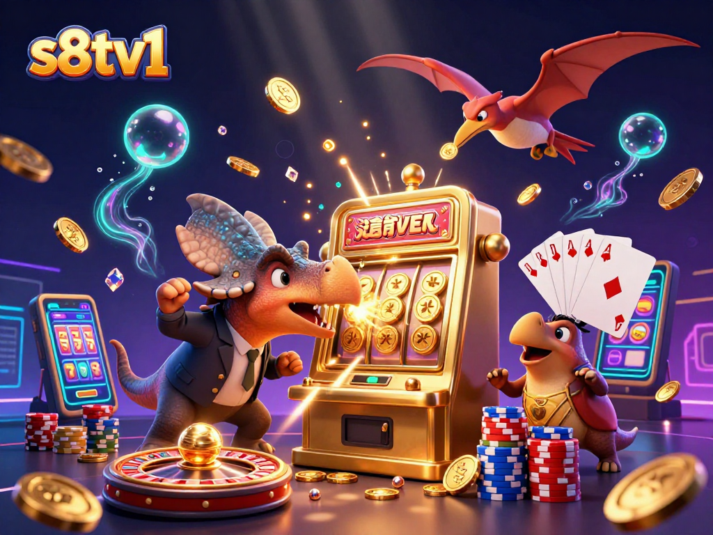 s8tv1 unleashing a jackpot as a cartoon pachycephalosaurus hits a golden slot machine amidst a casino buzz