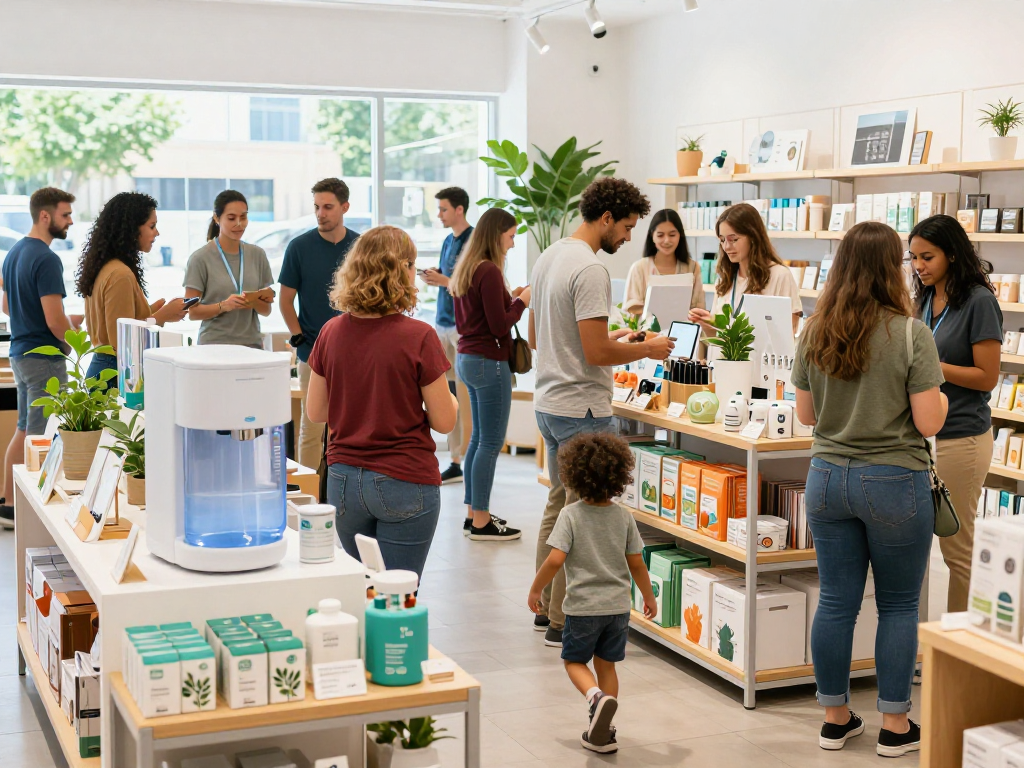 Shoppers at https://www.ebbfilter.com/shop exploring eco-friendly water filters and accessories in a vibrant retail space.
