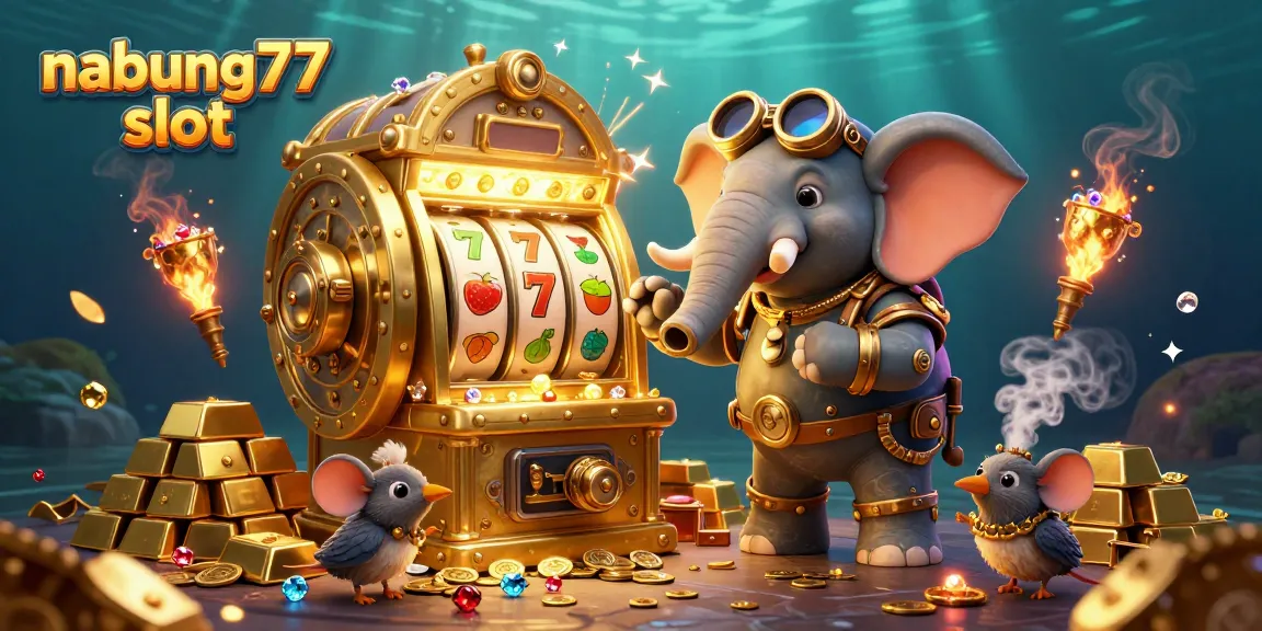 Spin the nabung77 slot with a steampunk elephant engineer surrounded by golden treasures and vibrant gems.
