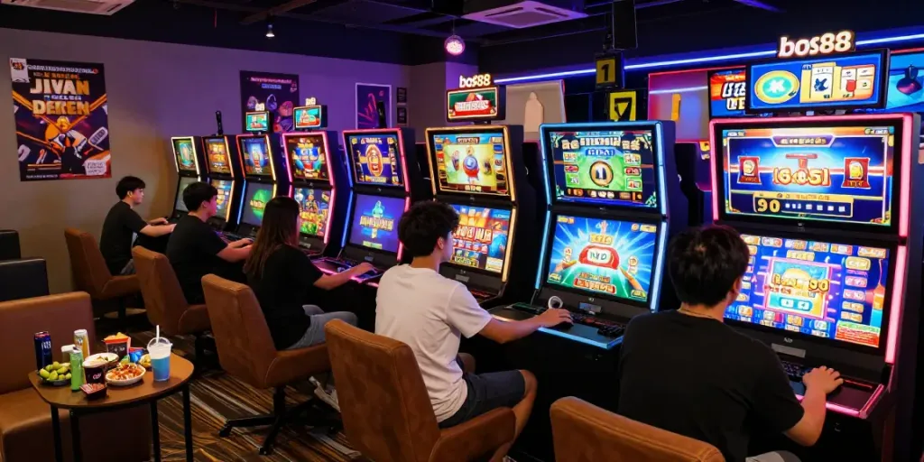 Diverse gamers enjoying slot games on the bos88 platform in a vibrant gaming lounge setting.