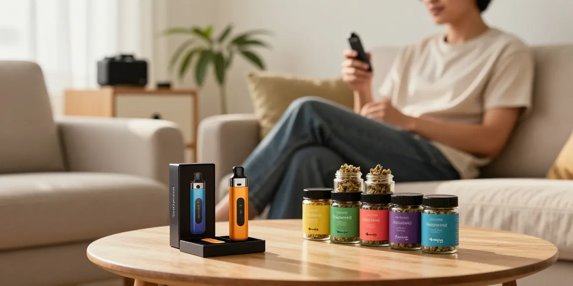 Relaxing with a thc vape in a modern living room with cannabis flower jars.