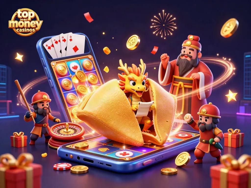 Engage with top real money casinos through a rich 3D illustration showcasing a golden fortune cookie and dynamic game elements.