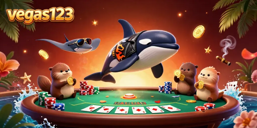 Gambarkan pengalaman kasino dengan vegas123, orca dan stingray beraksi bersama koin emas.