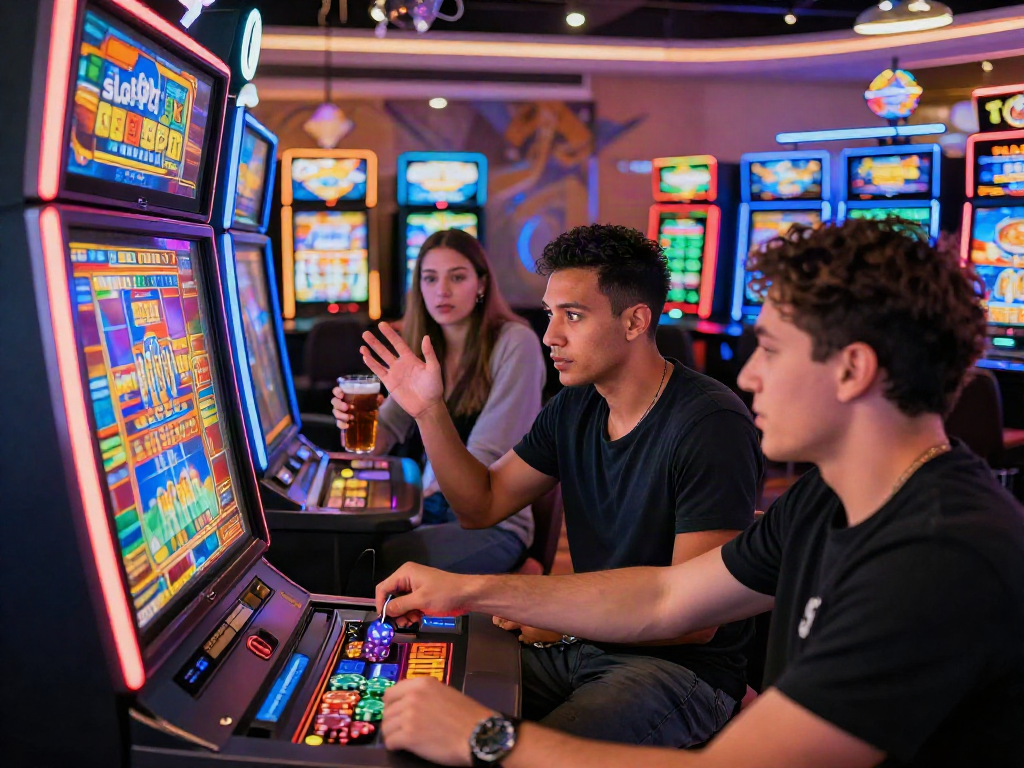 Exciting casino gaming scene with players around a "slot depo 5k" machine.