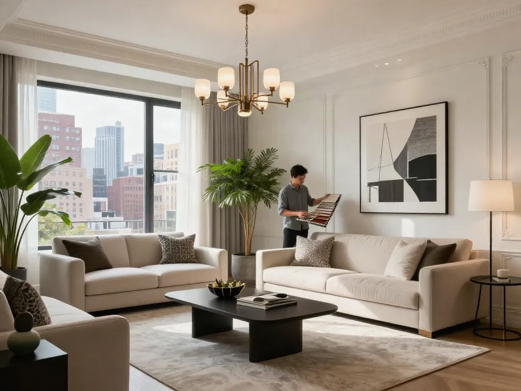 Interior designer brooklyn selecting fabric samples in a stylish living room.