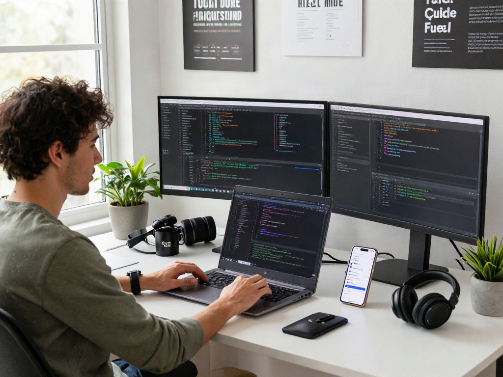Penggunaan 快连电脑版 dalam pengaturan kantor rumah modern dengan perangkat teknologi canggih.