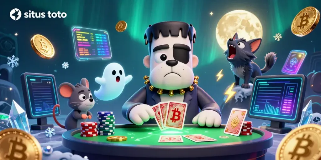 Engage in situs toto action with a vibrant scene featuring a cartoon bulldog dealer and fantasy elements.