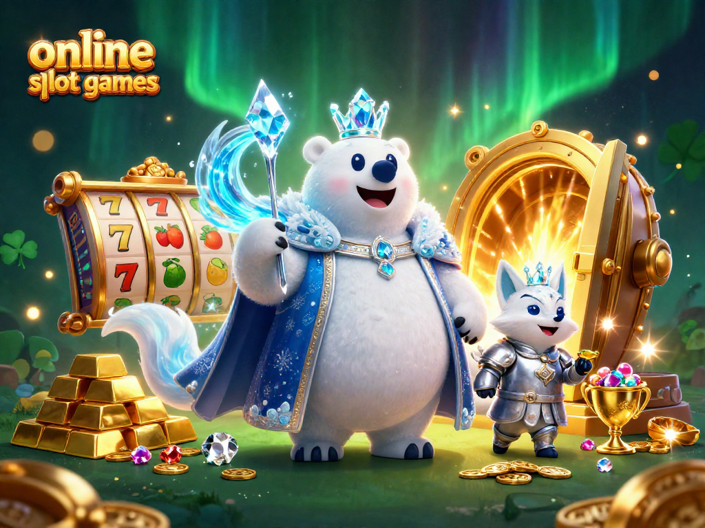 Experience thrilling online slot games with a polar bear king and treasure in an enchanting scene.