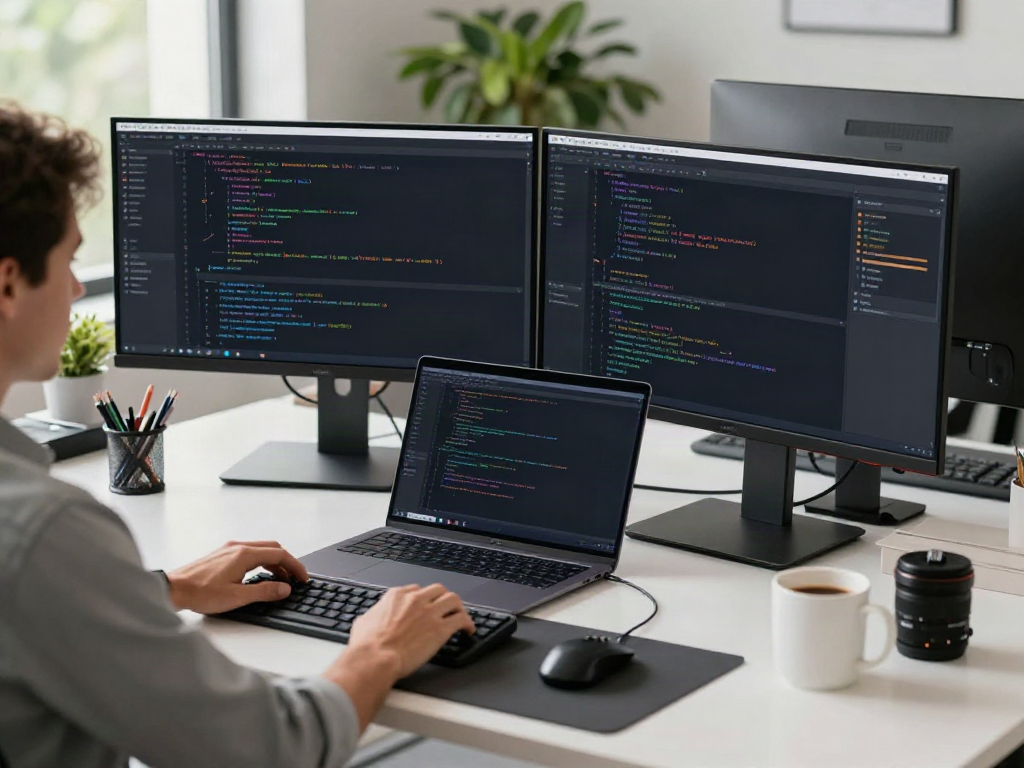 Developer using brave浏览器 in a modern office setting with dual monitors and coding tools.