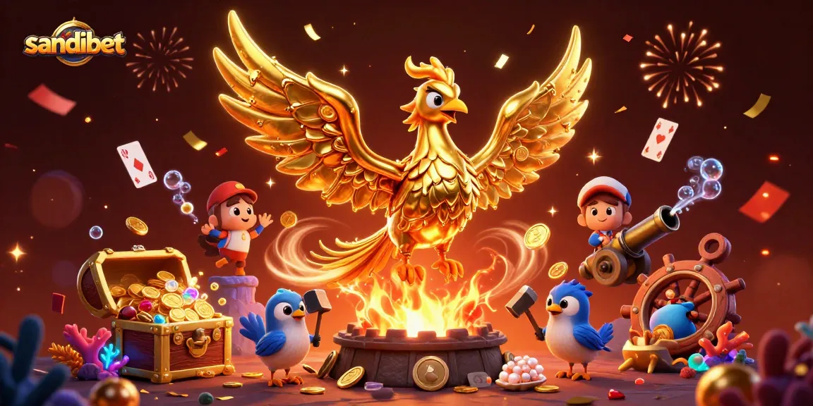 Win big with sandibet as a dynamic phoenix surrounded by treasures and vibrant casino elements