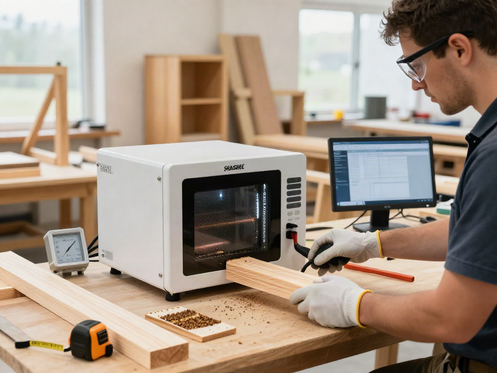 Technician utilizing SHASHEL® microwave technology for effective woodworm elimination in a modern workshop.