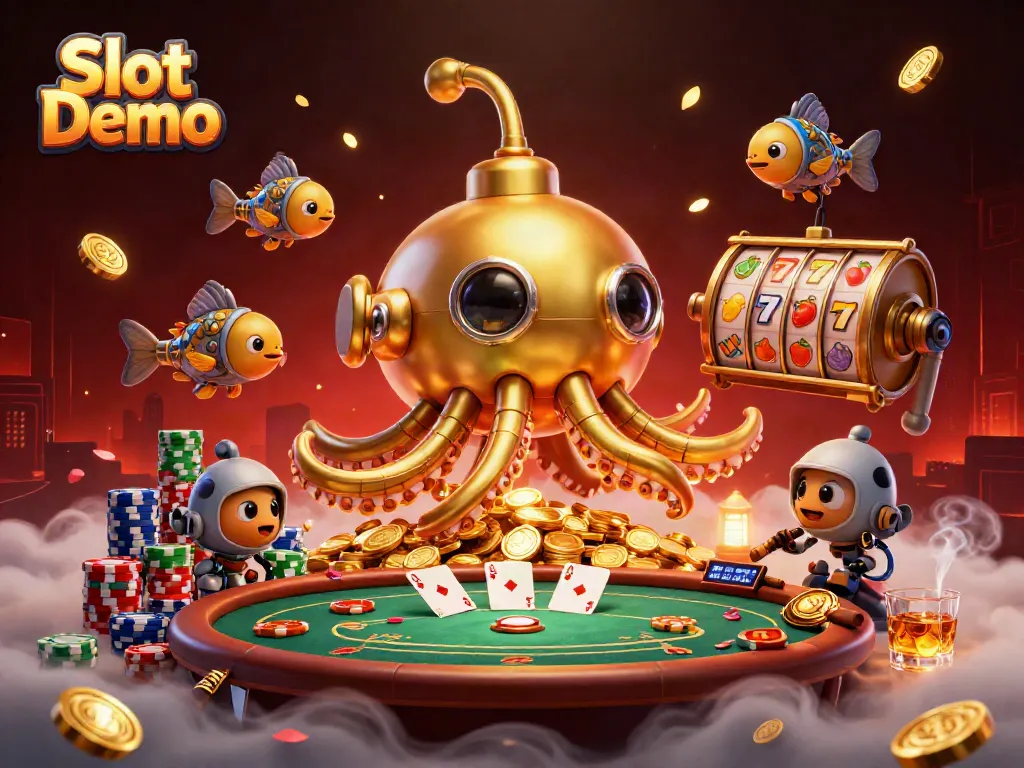 Spin and win with vibrant Slot Demo showcasing a golden kraken submarine amidst dynamic gaming elements.