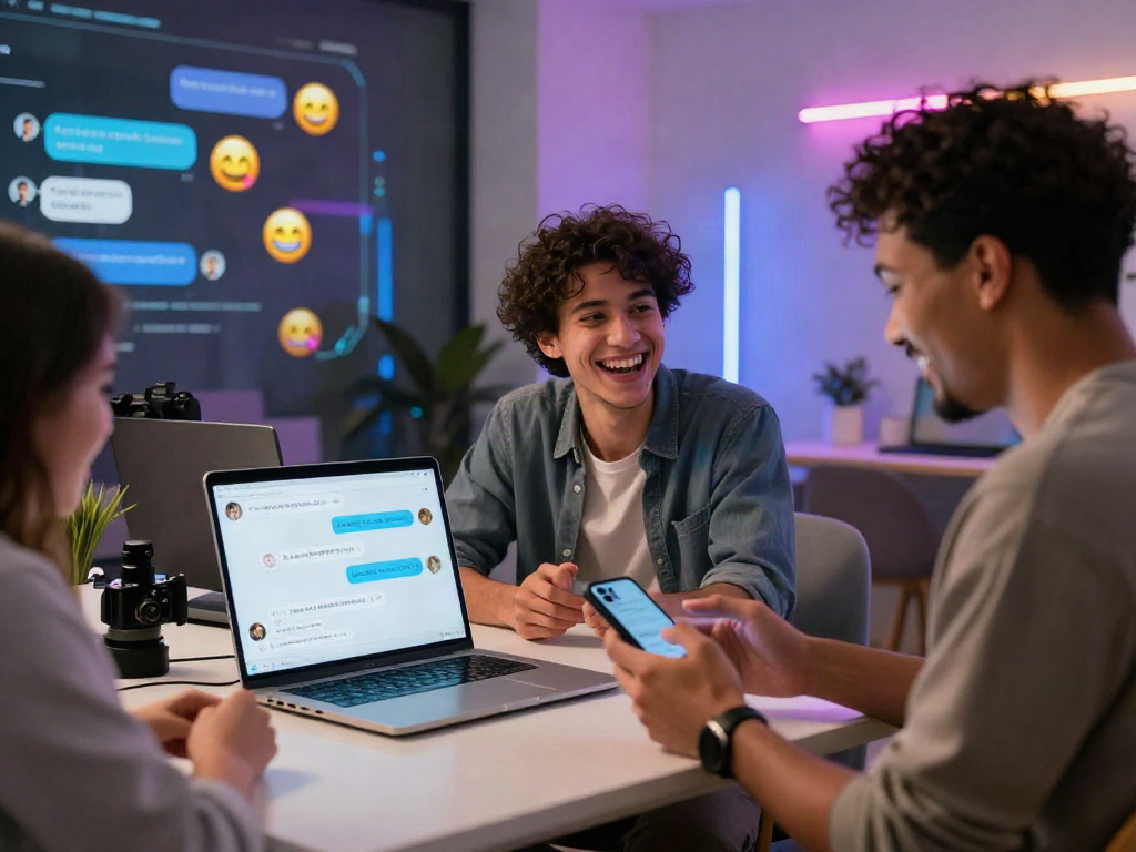 Engaging individuals interacting with an nsfw chat bot in a lively workspace.