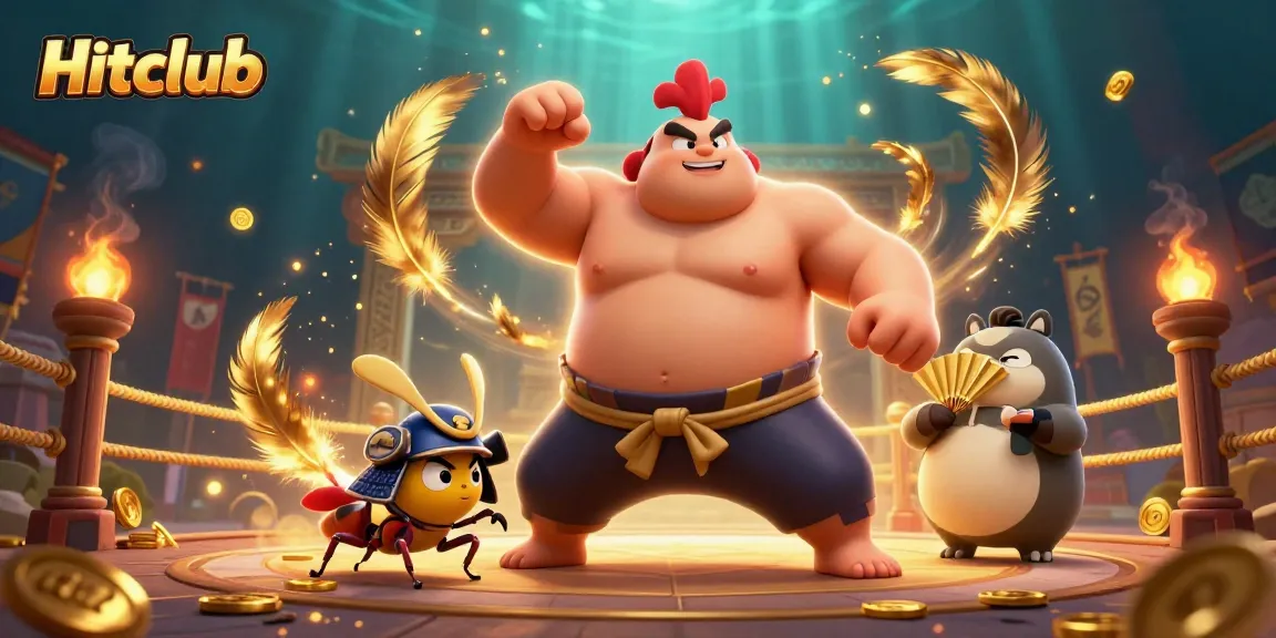 Hitclub showcases a fierce sumo wrestler and samurai cricket in an energized gambling arena filled with vibrant elements.