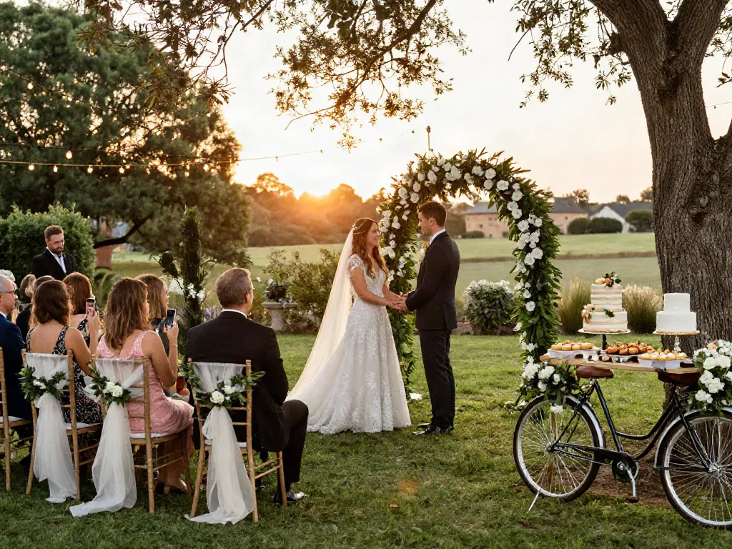 Event rentals for an outdoor wedding featuring a floral arch, elegant seating, and twinkling lights.