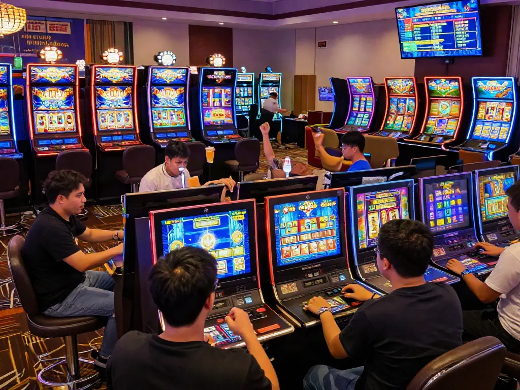 People enjoying slot resmi games in a lively casino setting with colorful machines.