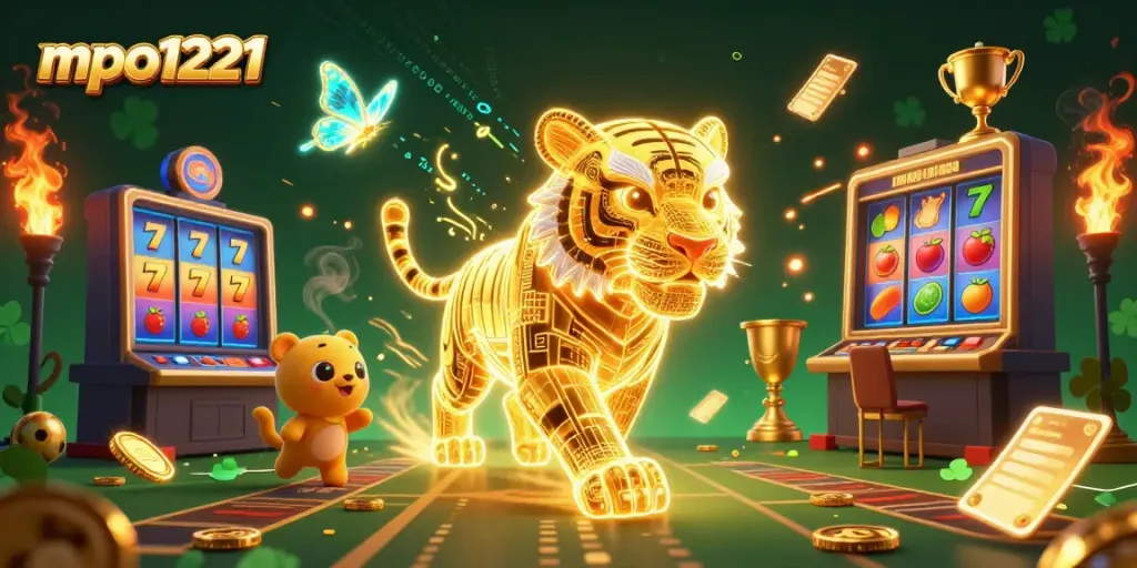 Experience mpo1221 with a radiant golden tiger in a vibrant casino landscape filled with slot elements.