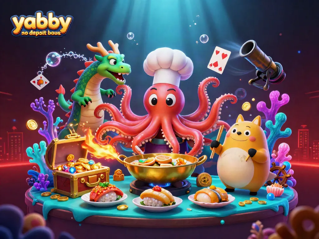 Experience the excitement of Yabby no deposit bonus with a vibrant underwater casino scene featuring playful characters and treasures.