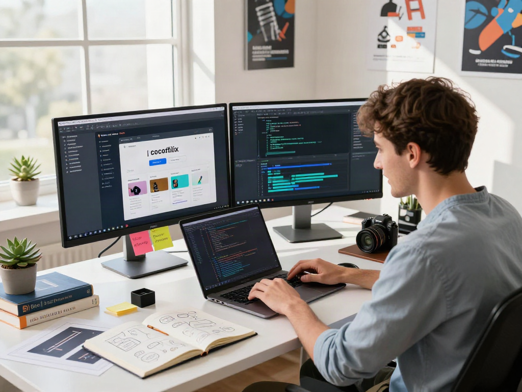 The cocoflix app being coded by a focused developer in a bright workspace with dual monitors and design sketches.