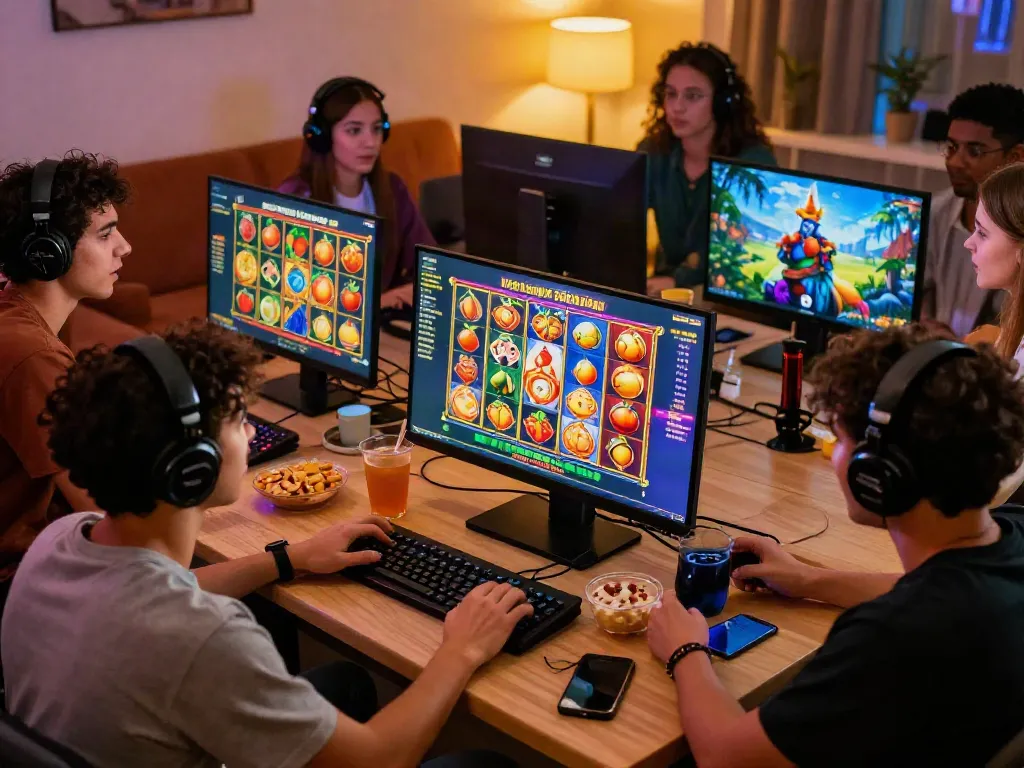 Group of friends enjoying a slot jackpot game on a computer during an exciting gaming night.