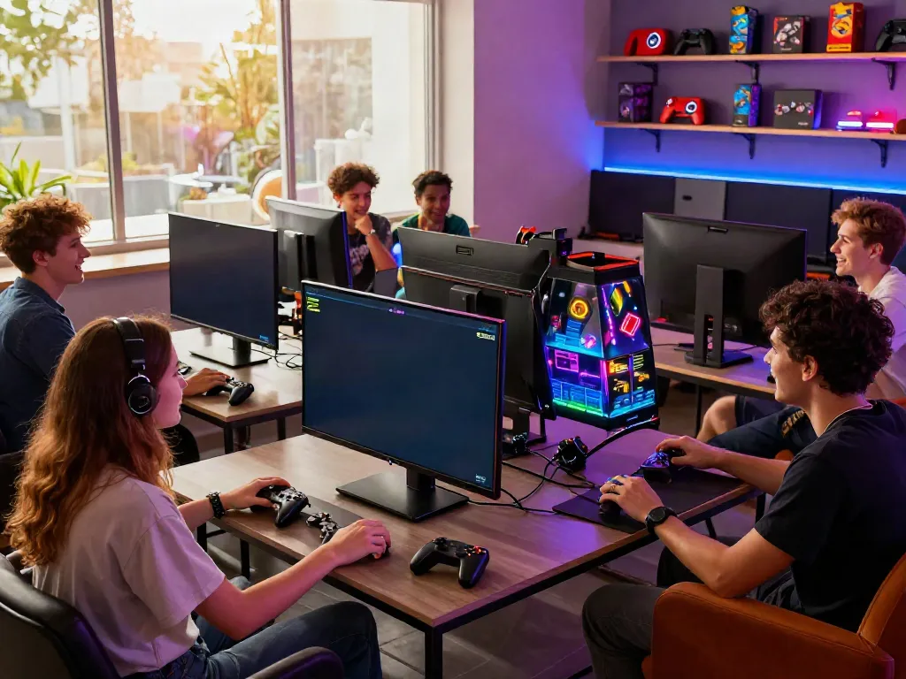 Friends enjoying a lively PG SLOT gaming session in a vibrant lounge.