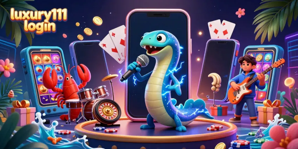 Experience the excitement of luxury111 login with dynamic casino elements including slot games and colorful characters.