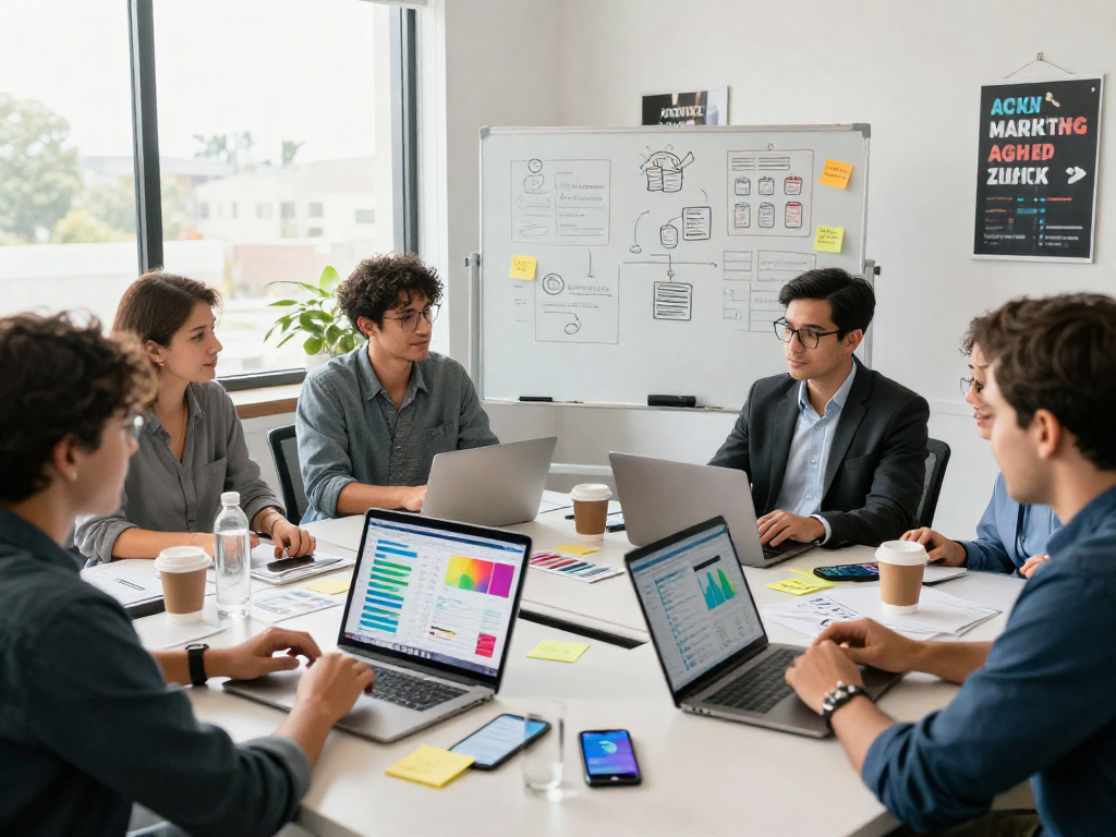 Purchase app downloads strategy session with marketing team in modern office setting.