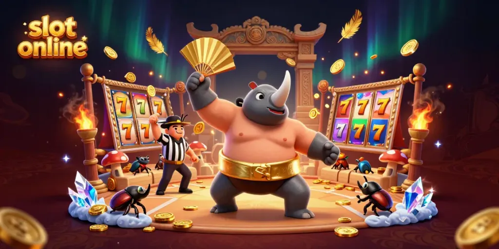 Experience thrilling slot online gameplay with a dynamic scene featuring a sumo beetle champion amidst flying coins and vibrant decorations.