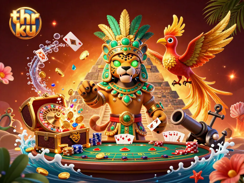 Engage in thrilling gameplay at thr ku with a vibrant Mayan-themed casino scene packed with gold.