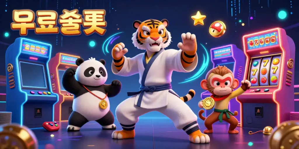 Experience thrilling 무료슬롯 action in a vibrant casino scene with cartoon animals in dynamic poses.