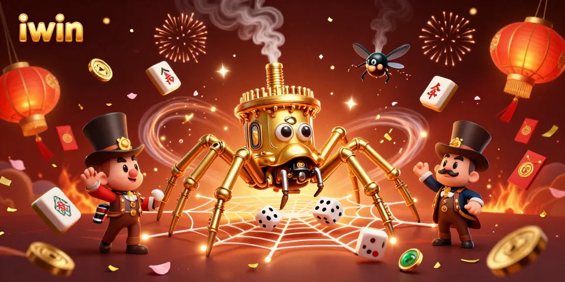 iwin 3D illustration showcasing a dynamic steampunk spider scene with gaming elements.