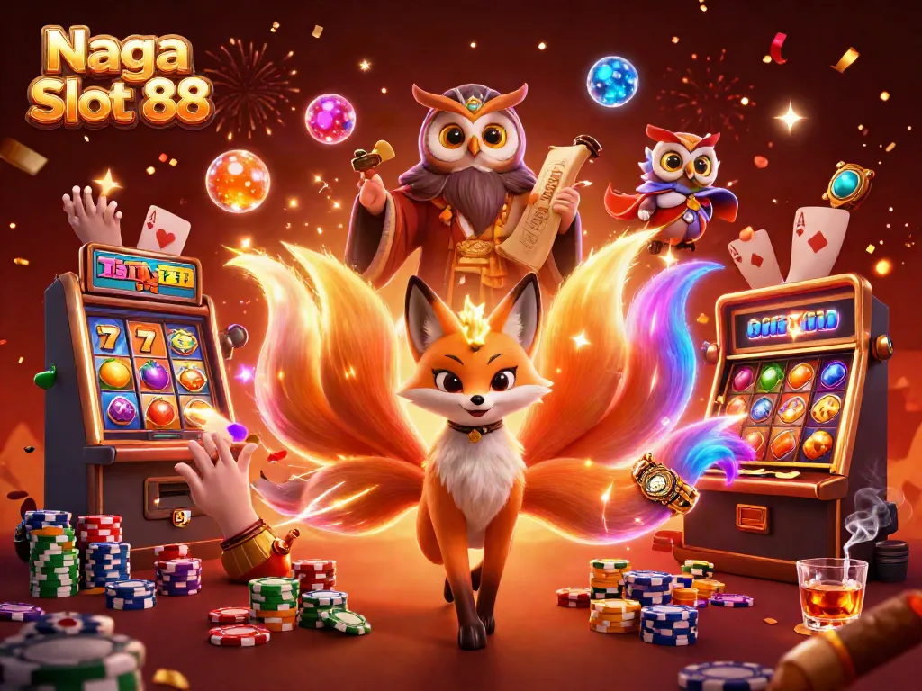 Experience the magic of Naga Slot 88 with glowing fox spirit, wise owl, and vibrant casino elements.