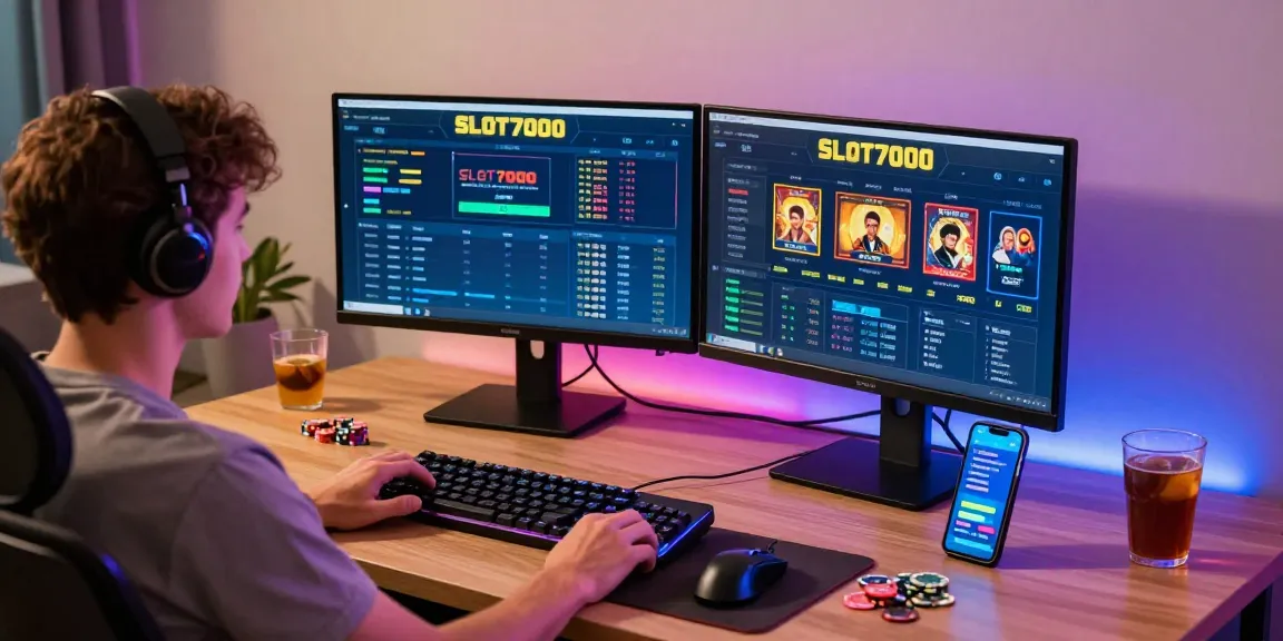 Engaging SLOT7000 gaming setup featuring real-time RTP statistics, vibrant atmosphere, and gaming peripherals.